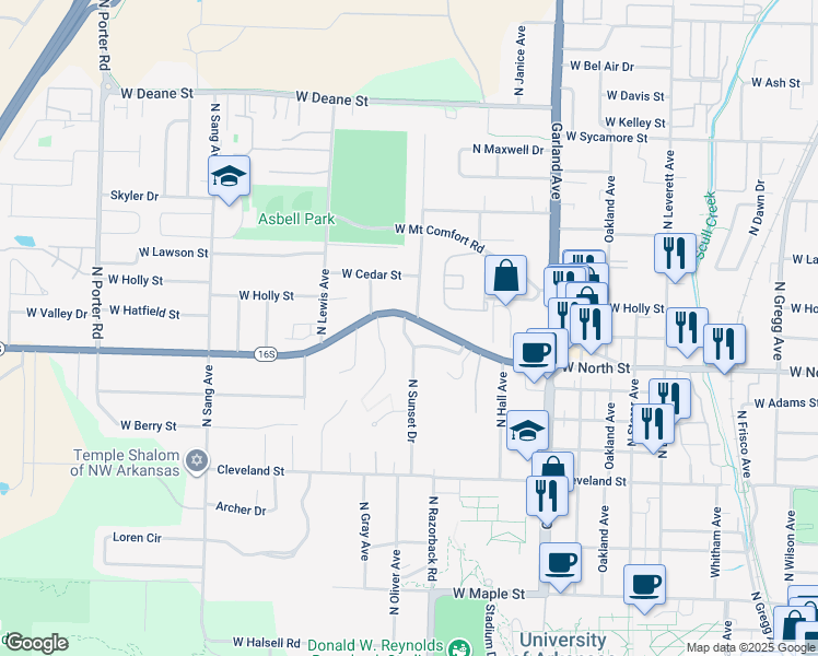 map of restaurants, bars, coffee shops, grocery stores, and more near 1225 North Stephens Avenue in Fayetteville
