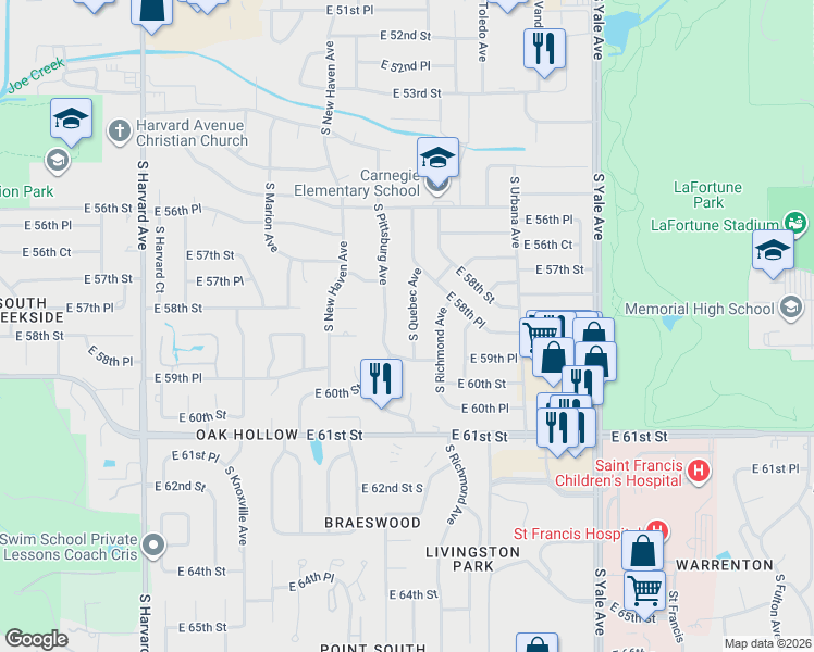 map of restaurants, bars, coffee shops, grocery stores, and more near 5834 South Quebec Avenue in Tulsa