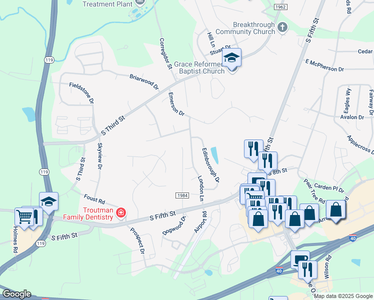 map of restaurants, bars, coffee shops, grocery stores, and more near 32 London Lane in Mebane
