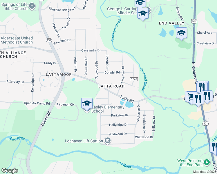map of restaurants, bars, coffee shops, grocery stores, and more near 408 Latta Road in Durham
