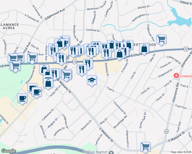 map of restaurants, bars, coffee shops, grocery stores, and more near 2229 Delaney Drive in Burlington