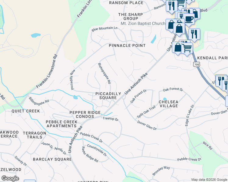 map of restaurants, bars, coffee shops, grocery stores, and more near 424 London Court in Nashville