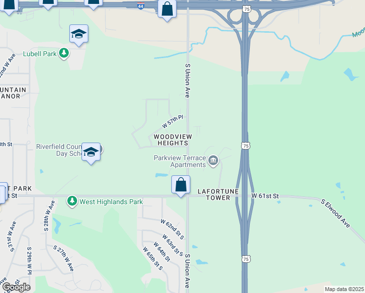 map of restaurants, bars, coffee shops, grocery stores, and more near 1710 West 58th Street in Tulsa
