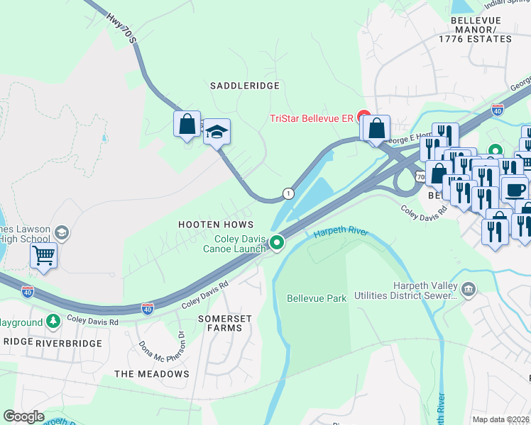 map of restaurants, bars, coffee shops, grocery stores, and more near 7905 U.S. 70S in Nashville