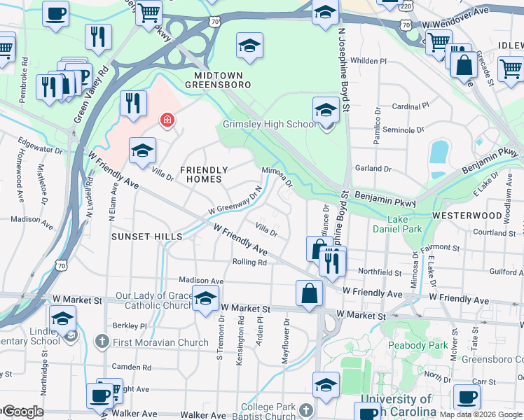 map of restaurants, bars, coffee shops, grocery stores, and more near 604 North Tremont Drive in Greensboro