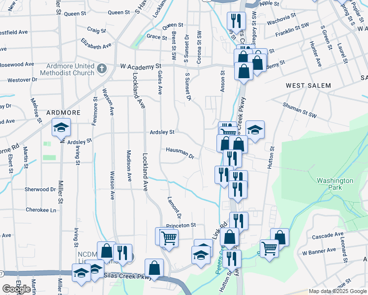 map of restaurants, bars, coffee shops, grocery stores, and more near 1656 Ardsley Street in Winston-Salem