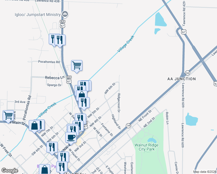 map of restaurants, bars, coffee shops, grocery stores, and more near 911 Northwest 6th Street in Walnut Ridge