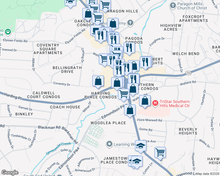map of restaurants, bars, coffee shops, grocery stores, and more near 440 Highway 255 in Nashville