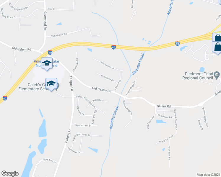map of restaurants, bars, coffee shops, grocery stores, and more near 1295 Old Salem Road in Kernersville