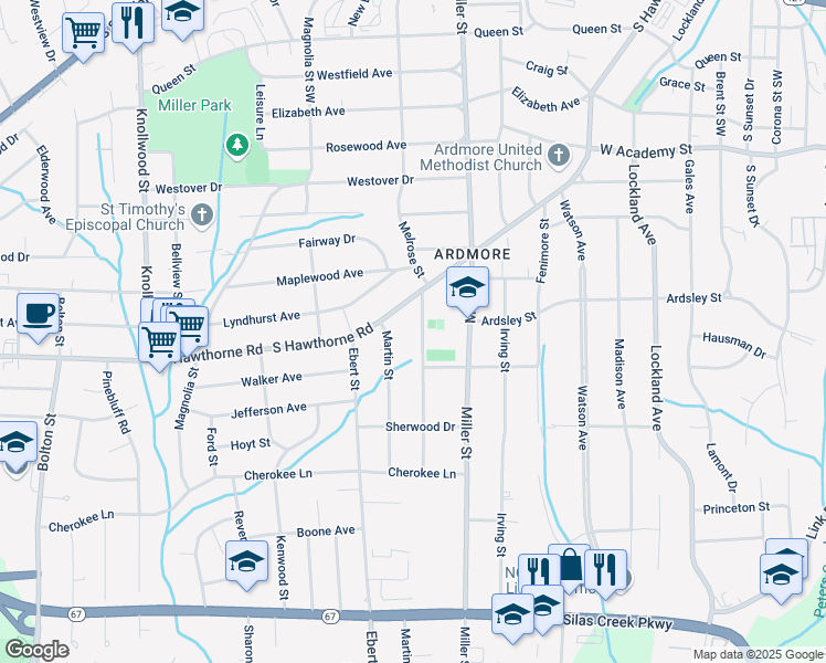map of restaurants, bars, coffee shops, grocery stores, and more near 1016 Melrose Street in Winston-Salem
