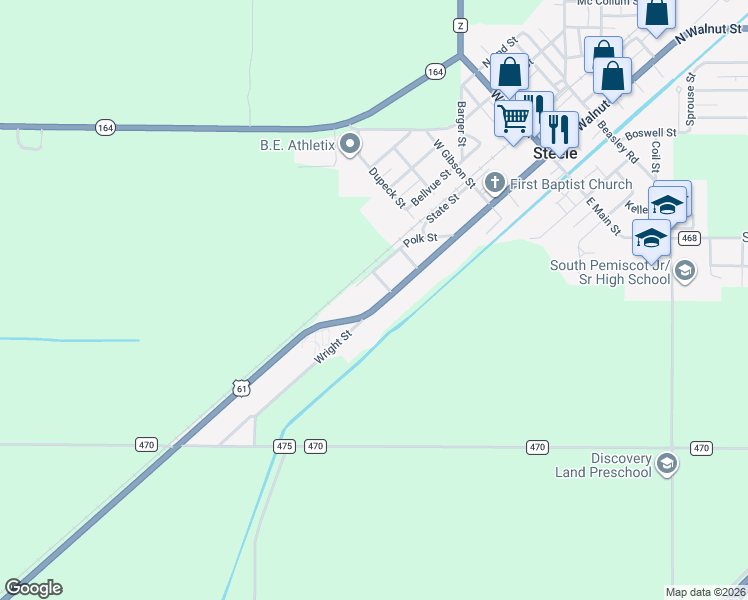 map of restaurants, bars, coffee shops, grocery stores, and more near 610 South Walnut Street in Steele
