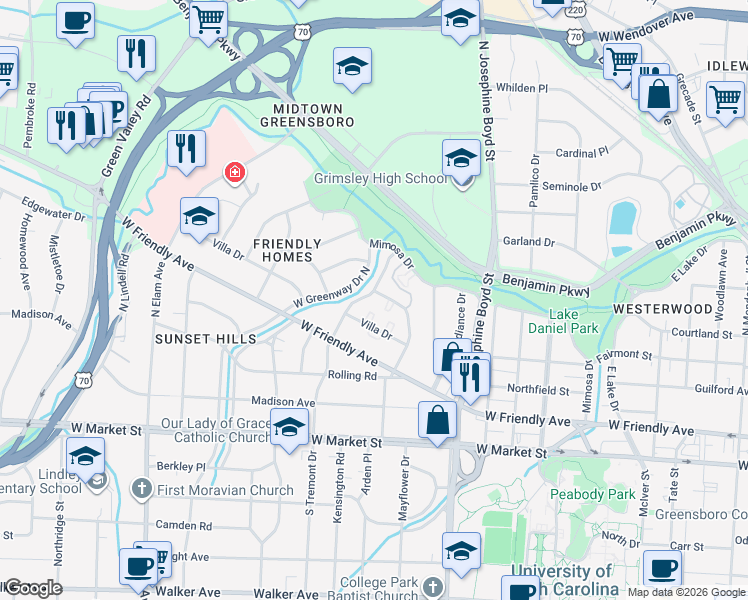 map of restaurants, bars, coffee shops, grocery stores, and more near 604 North Tremont Drive in Greensboro