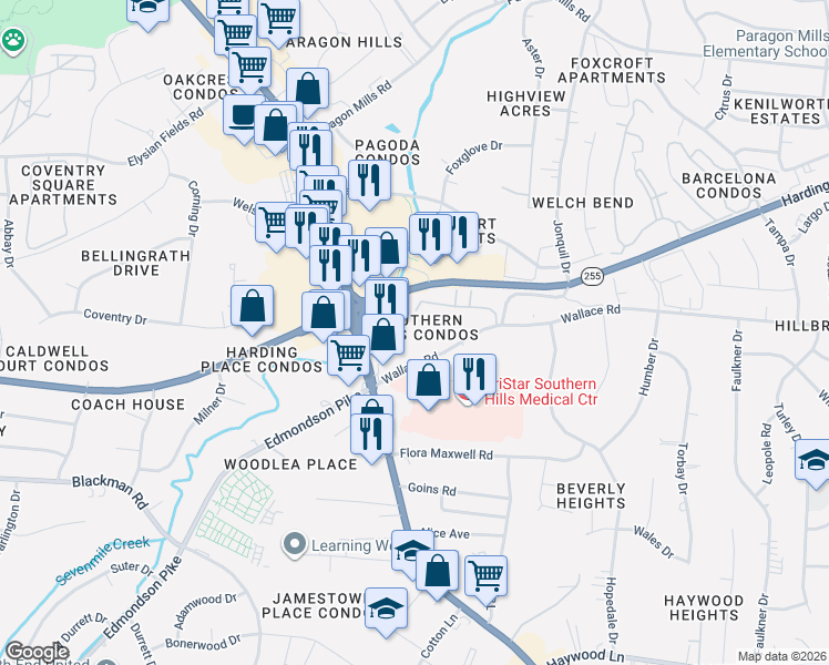 map of restaurants, bars, coffee shops, grocery stores, and more near 205 Brookridge Trail in Nashville