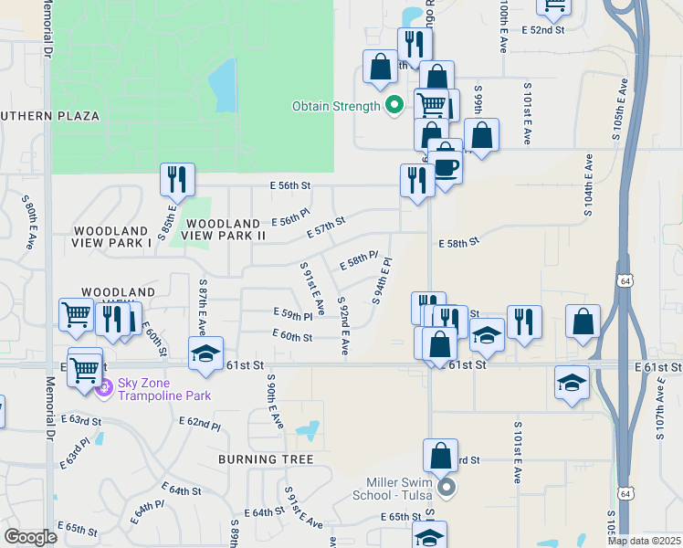 map of restaurants, bars, coffee shops, grocery stores, and more near 9223 East 58th Place in Tulsa