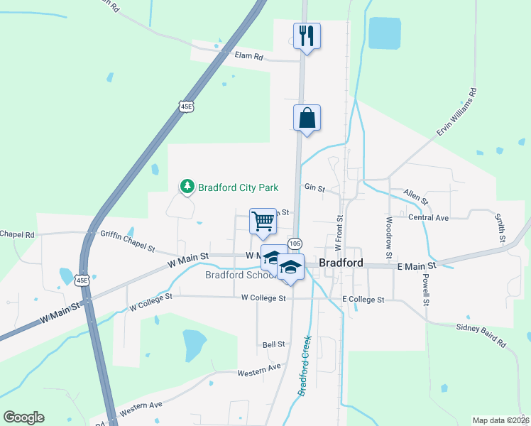 map of restaurants, bars, coffee shops, grocery stores, and more near 128 Cash Street in Bradford