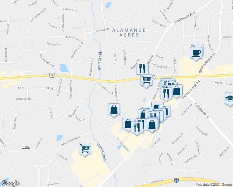 map of restaurants, bars, coffee shops, grocery stores, and more near 3401 Forestdale Drive in Burlington
