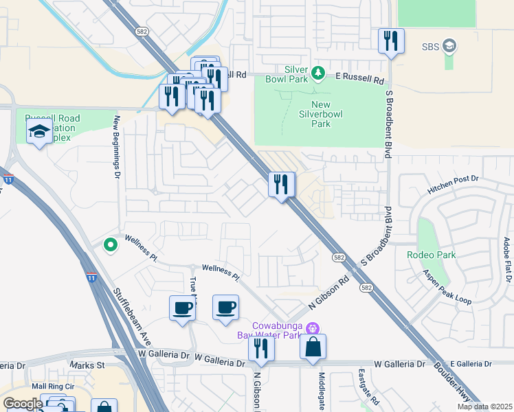 map of restaurants, bars, coffee shops, grocery stores, and more near 6584 Strolling Plains Lane in Henderson