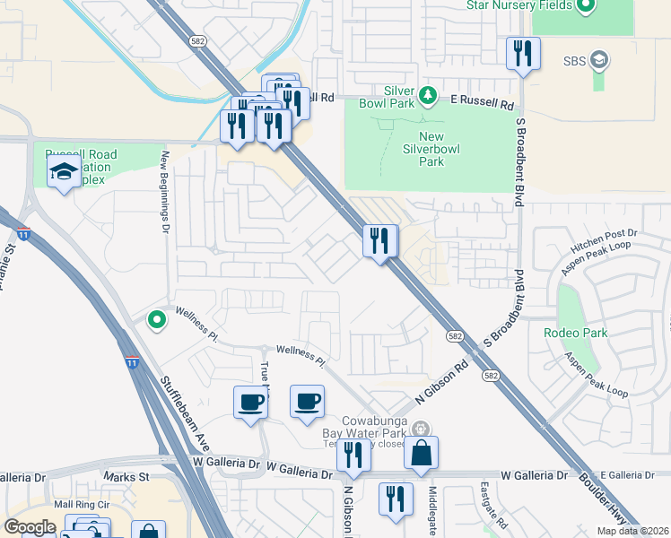 map of restaurants, bars, coffee shops, grocery stores, and more near 6584 Strolling Plains Lane in Henderson