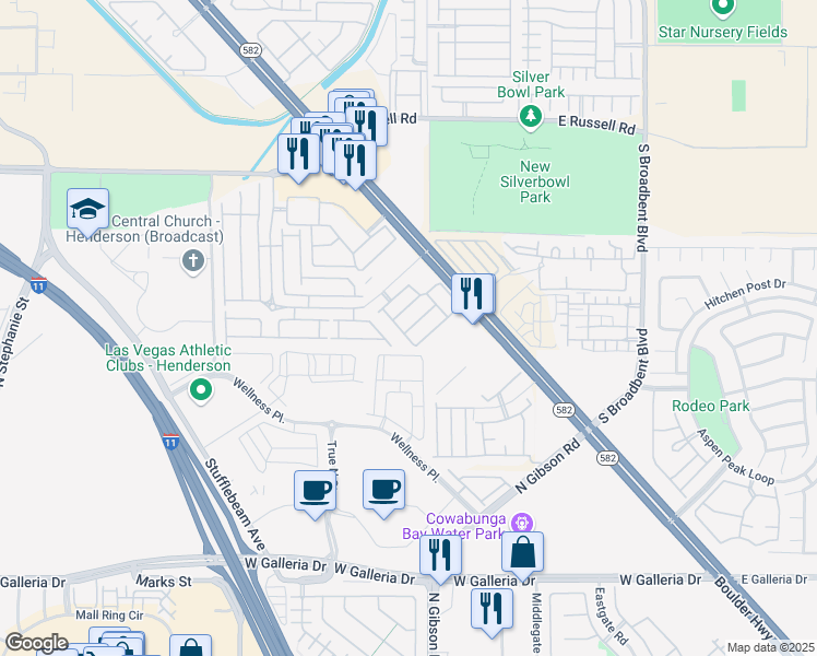 map of restaurants, bars, coffee shops, grocery stores, and more near 6584 Strolling Plains Lane in Henderson