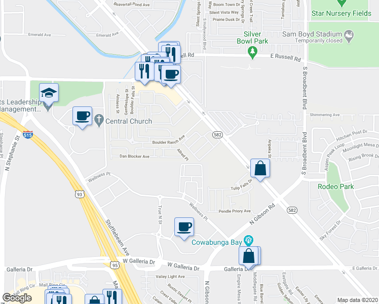 map of restaurants, bars, coffee shops, grocery stores, and more near 6024 Mustang Breeze Trail in Henderson