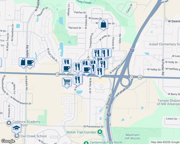 map of restaurants, bars, coffee shops, grocery stores, and more near 1144 N Colorado Dr in Fayetteville