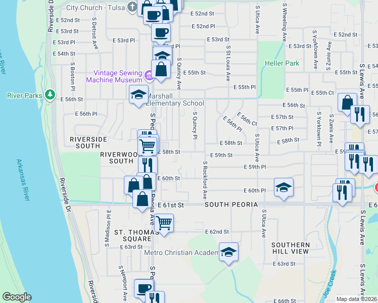map of restaurants, bars, coffee shops, grocery stores, and more near 5740 South Quincy Place in Tulsa