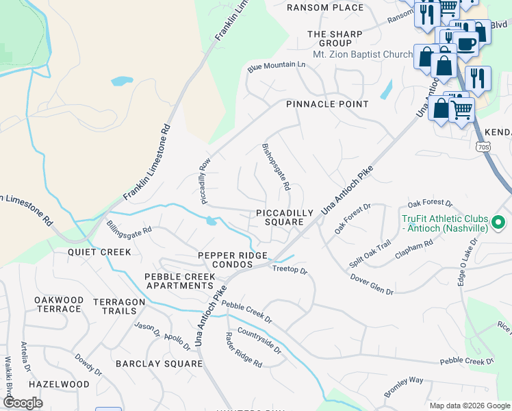 map of restaurants, bars, coffee shops, grocery stores, and more near 500 Piccadilly Row in Nashville