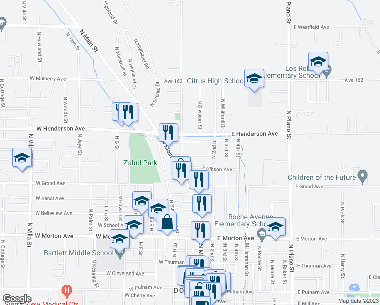 map of restaurants, bars, coffee shops, grocery stores, and more near 36 West Danner Avenue in Porterville