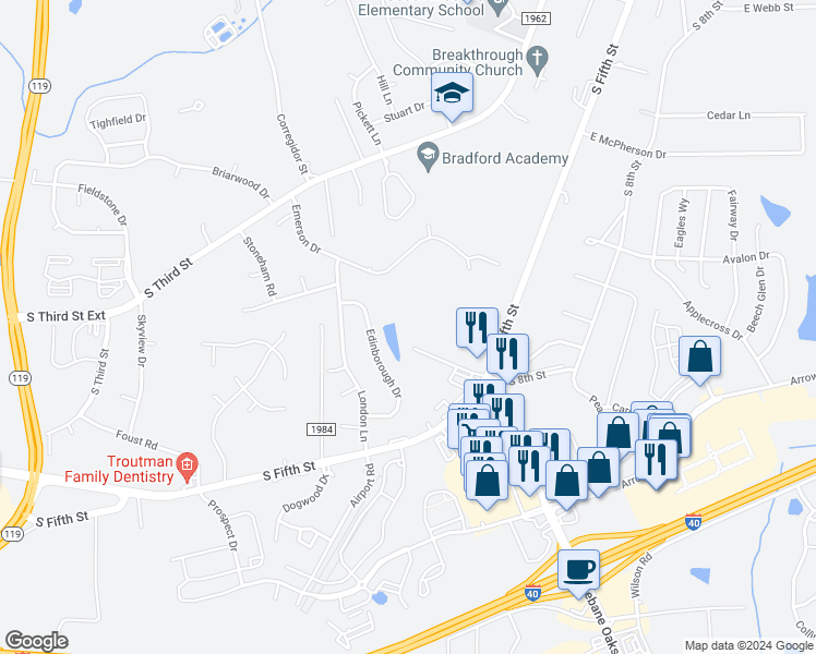 map of restaurants, bars, coffee shops, grocery stores, and more near 105 Falcon Lane in Mebane