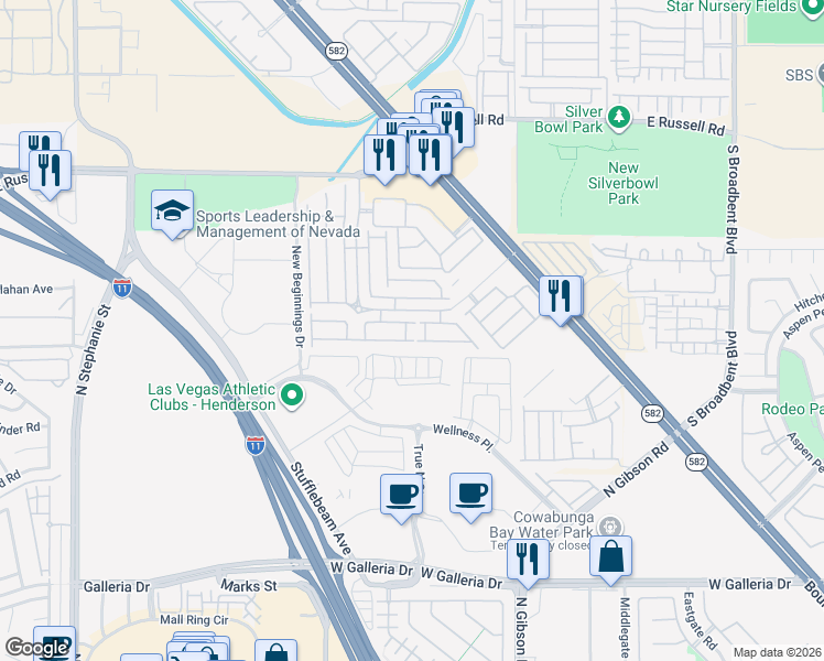 map of restaurants, bars, coffee shops, grocery stores, and more near 6064 Nestled Foot Street in Henderson