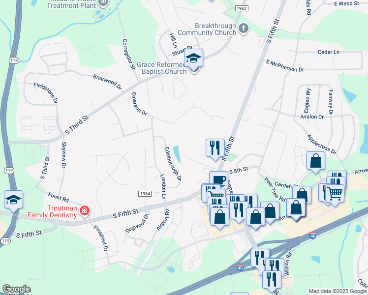 map of restaurants, bars, coffee shops, grocery stores, and more near 105 Falcon Lane in Mebane