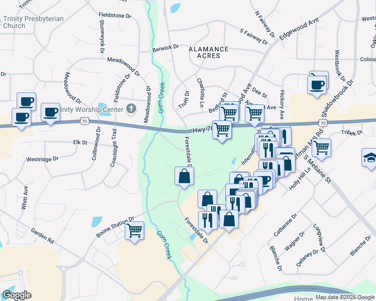 map of restaurants, bars, coffee shops, grocery stores, and more near Forestdale Drive in Burlington