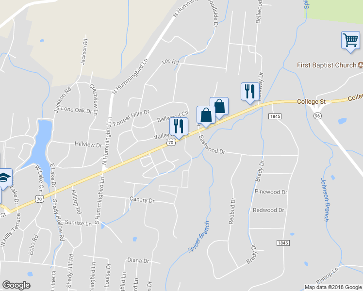 map of restaurants, bars, coffee shops, grocery stores, and more near 1200 U.S. 70 in Dickson