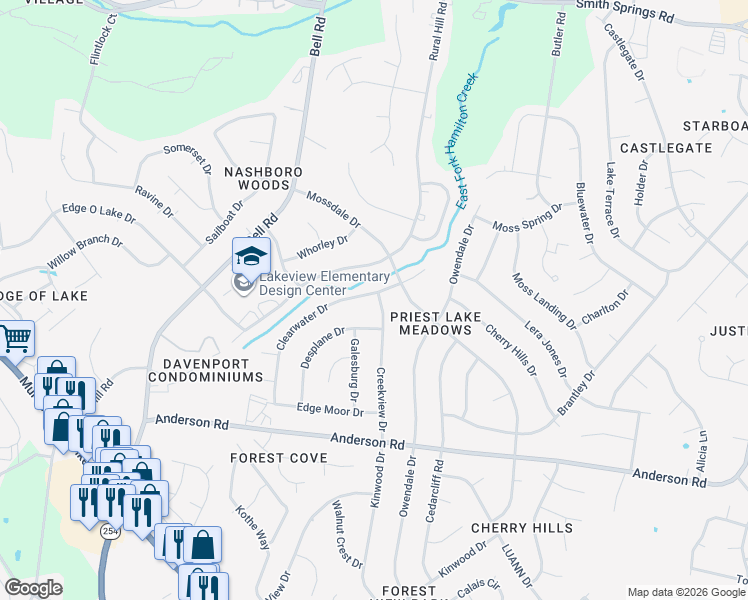 map of restaurants, bars, coffee shops, grocery stores, and more near 477 Clearwater Drive in Nashville