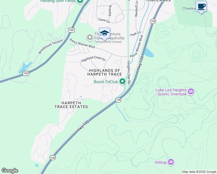 map of restaurants, bars, coffee shops, grocery stores, and more near 6843 Highland Park Drive in Nashville