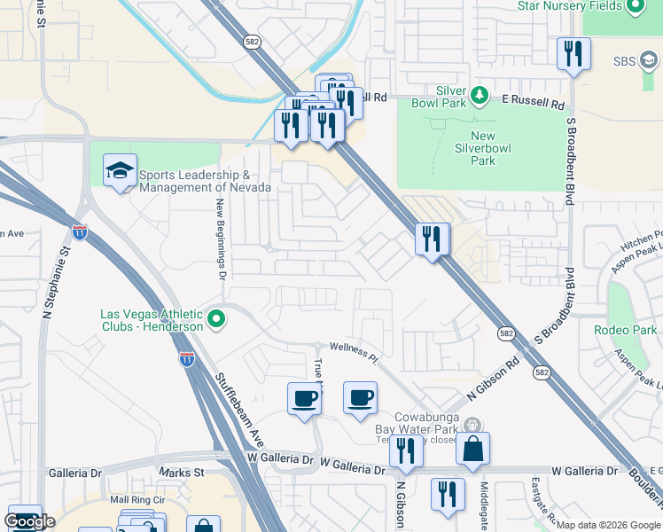 map of restaurants, bars, coffee shops, grocery stores, and more near 6439 Saddle Up Avenue in Henderson