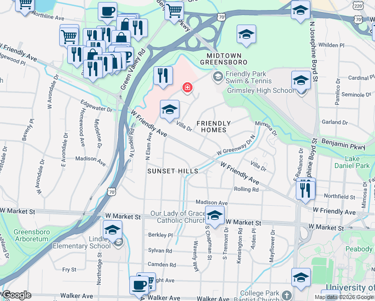 map of restaurants, bars, coffee shops, grocery stores, and more near in Greensboro