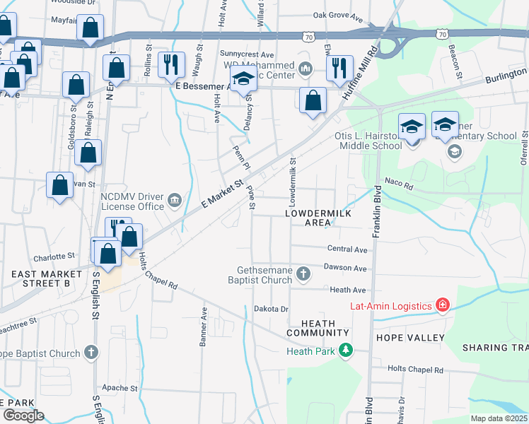 map of restaurants, bars, coffee shops, grocery stores, and more near 3601 Busic Avenue in Greensboro