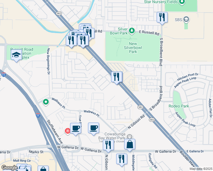 map of restaurants, bars, coffee shops, grocery stores, and more near 6590 Tumbleweed Ridge Lane in Henderson