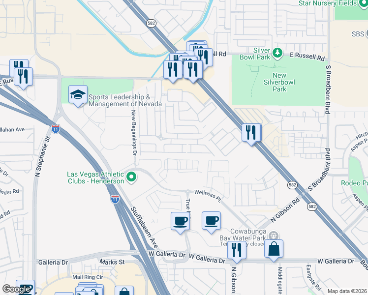 map of restaurants, bars, coffee shops, grocery stores, and more near 6064 Nestled Foot Street in Henderson