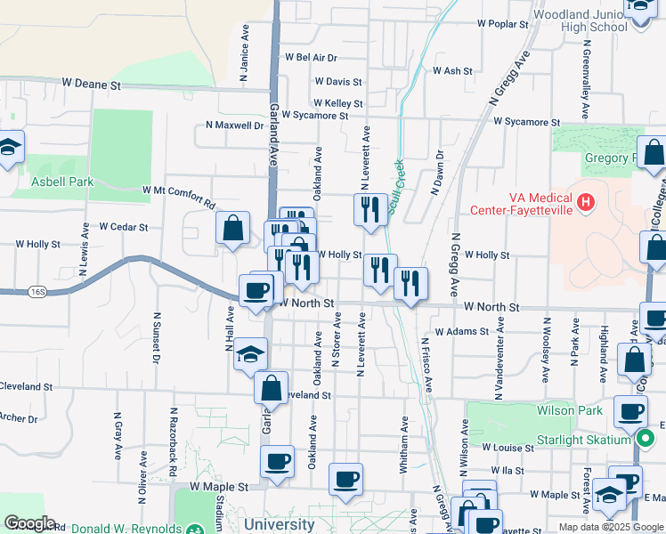 map of restaurants, bars, coffee shops, grocery stores, and more near 941 West Holly Street in Fayetteville