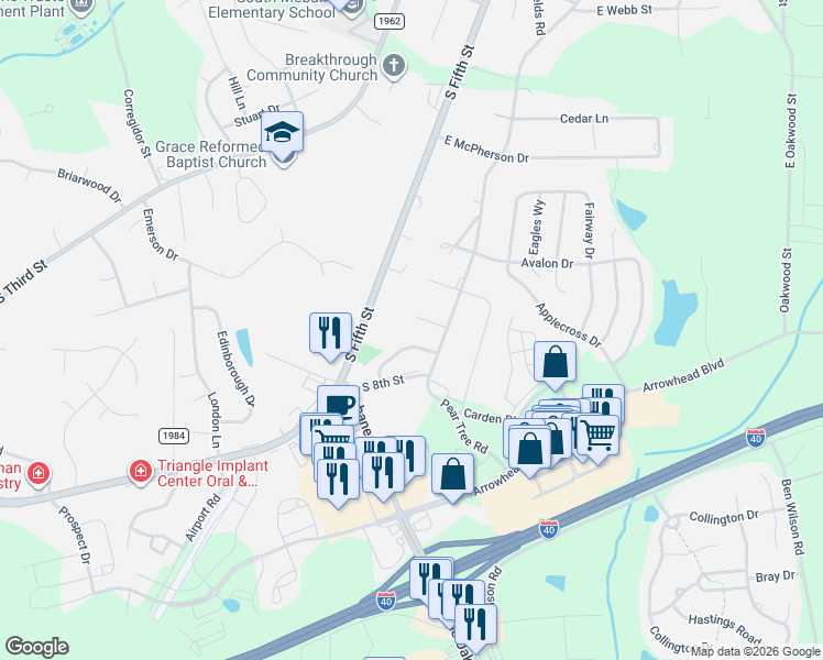 map of restaurants, bars, coffee shops, grocery stores, and more near 303 Buckingham Drive in Mebane
