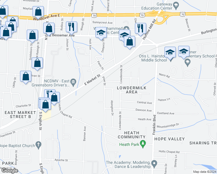 map of restaurants, bars, coffee shops, grocery stores, and more near 3601 Busic Avenue in Greensboro