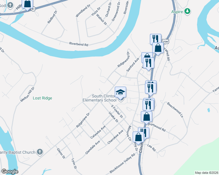 map of restaurants, bars, coffee shops, grocery stores, and more near 332 Edgewood Circle in Clinton