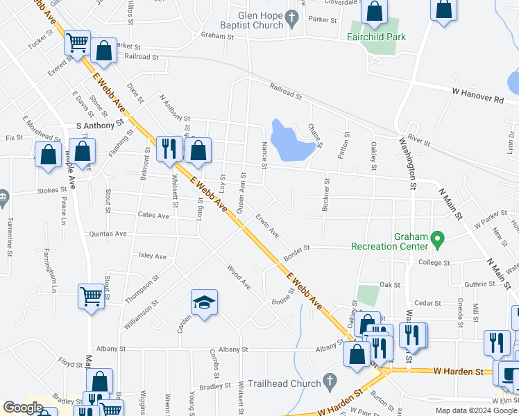 map of restaurants, bars, coffee shops, grocery stores, and more near 1620 Erwin Avenue in Burlington