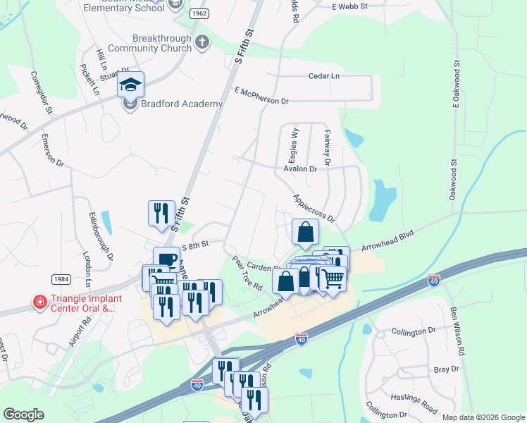 map of restaurants, bars, coffee shops, grocery stores, and more near 115 Carden Pl Dr in Mebane