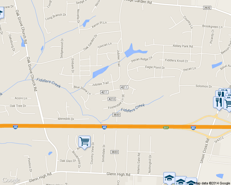 map of restaurants, bars, coffee shops, grocery stores, and more near 2220 Blue Stone Lane in Winston-Salem