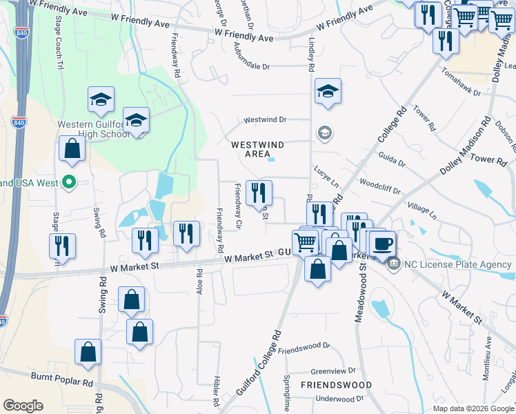 map of restaurants, bars, coffee shops, grocery stores, and more near 209 Overman Street in Greensboro