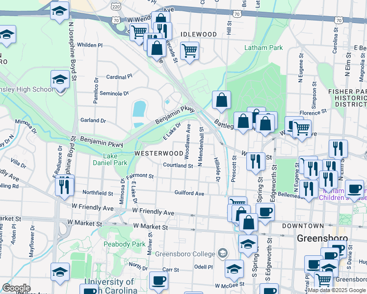 map of restaurants, bars, coffee shops, grocery stores, and more near 417 Woodlawn Avenue in Greensboro