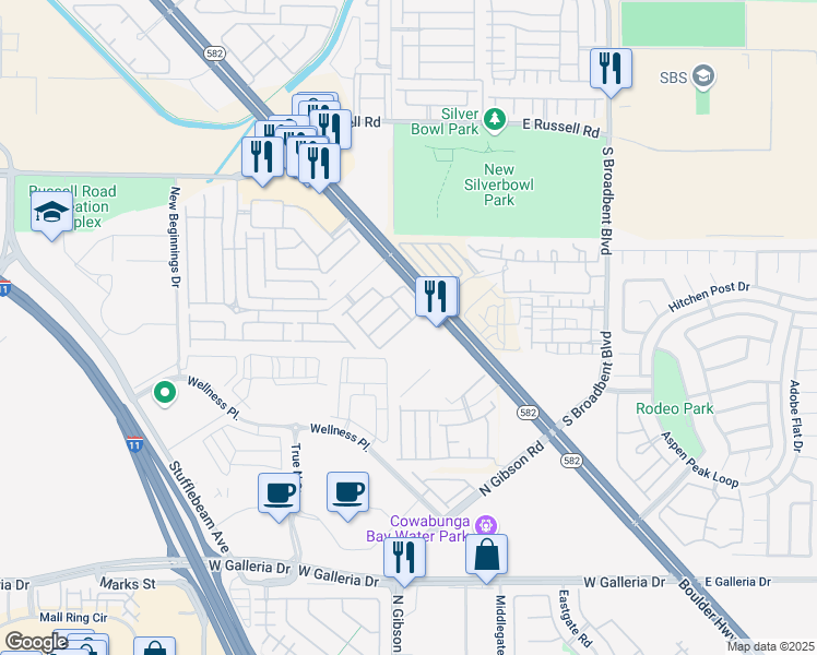 map of restaurants, bars, coffee shops, grocery stores, and more near 6584 Strolling Plains Lane in Henderson